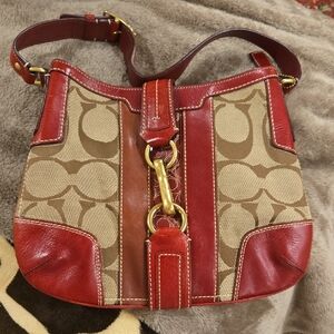 Coach Red and Tan Signature Shoulder Bag